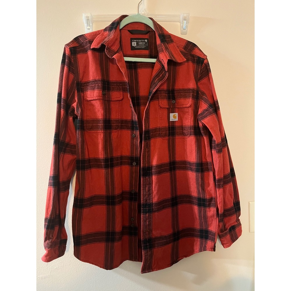 Carhartt Mens Loose Fit Heavy Weight Flannel Shirt Red Plaid Button Down Sz S